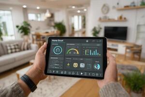 A person holding a tablet with a home automation system on it photo