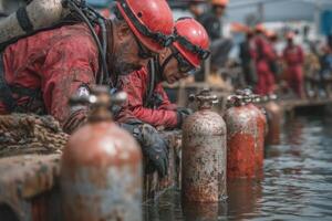 Two men in red helmets and red jackets are working on a boat photo