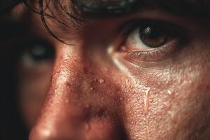 A close up of a man's face with tears on his eyes photo