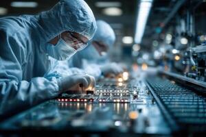 Two workers in protective clothing working on a computer photo