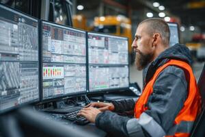A man in an orange vest is working on multiple computer screens photo