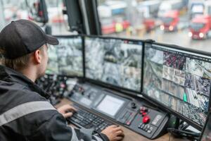 A man in a truck is looking at multiple monitors photo