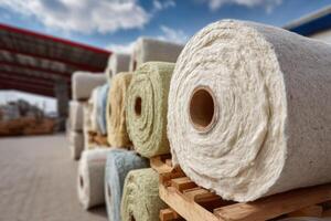 A large roll of wool is sitting on a pallet photo