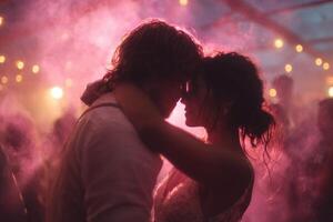 A bride and groom embrace in the smoke at their wedding photo