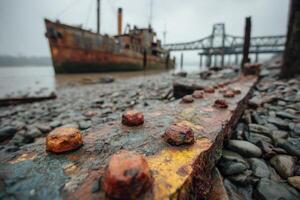 Rusty shipwreck on the river photo