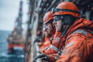 A group of men in orange hard hats on an oil rig photo