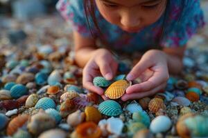 A little girl is looking at seashells on the beach photo