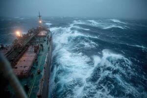 A ship in rough seas with lights on photo