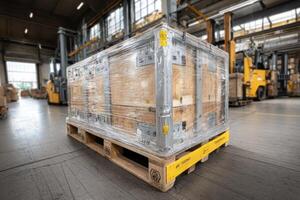 A large wooden box sitting on a pallet in a warehouse photo