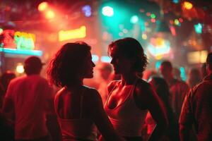Two women standing in a nightclub with neon lights photo