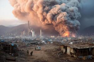A large plume of smoke is seen coming out of an oil refinery photo