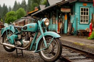 A blue motorcycle parked on the side of a train track photo