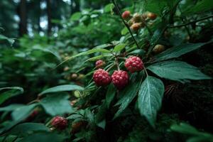 Raspberries growing on the forest floor photo