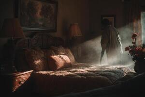 A man standing in a bedroom with a light shining on him photo