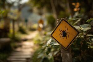 A spider sign on a wooden post in the woods photo