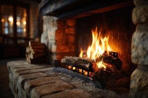 A fireplace with logs burning in it photo
