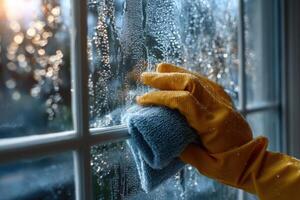 A person in rubber gloves cleaning a window photo