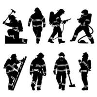 Silhouettes of firefighters in various action poses, equipped with tools and protective gear, representing different emergency response activities. vector