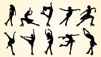 Silhouettes of female figure skaters performing various elegant poses and moves on ice, showcasing balance, flexibility, and artistry in motion. vector