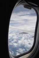 Aerial view of clouds and wing airplane journey travel experience sky environment passenger perspective adventure concept photo