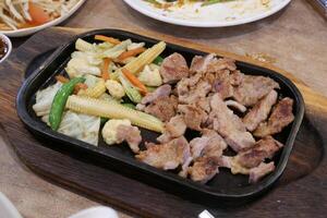 A tray of food on a table photo