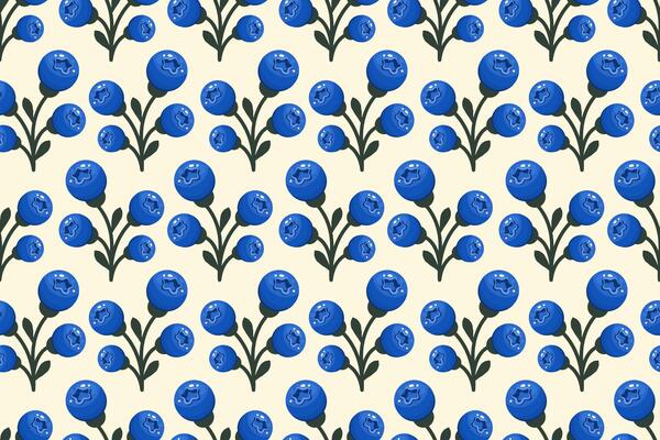 Blueberry Seamless pattern. Berry background. Bunch of currants on white background. Whole Ripe Blueberry. Repeatable texture with fresh juicy vitamin. illustration