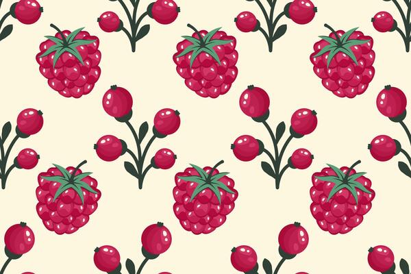 Fruits Seamless pattern. Berries background. Bunch of red currants and raspberry. Whole Ripe fruits on white background. Repeatable texture with fresh juicy vitamin. illustration