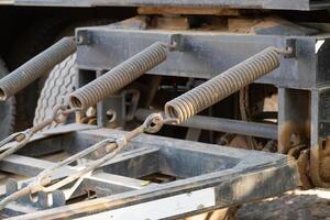 Truck suspension system close-up workshop mechanical detail industrial setting ground view engineering concepts photo