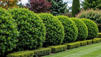 a dense hedge of evergreen shrubs in a garden photo