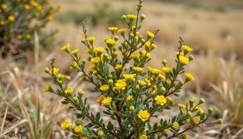 a shrub with small yellow flowers blooming in a field photo