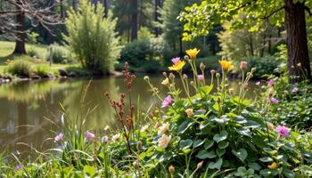 wild shrubbery growing near a quiet woodland pond photo