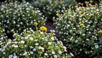 bushes with tiny white flowers in dappled light photo