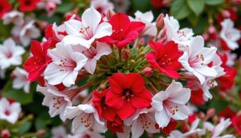 a flowering shrub with red and white blooms photo