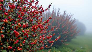 bushes with bright red berries on a foggy morning photo