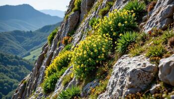 bushes growing on steep rocky cliffs photo