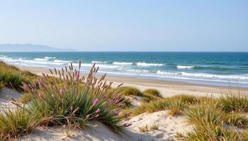 wild shrubs growing on sandy dunes by the sea photo