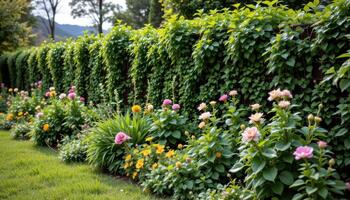 dense bushes along an overgrown garden fence photo