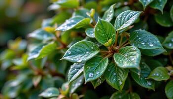 a shrub with dark green leaves shimmering with dew photo
