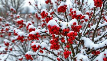 bushes with clusters of bright red berries in winter photo