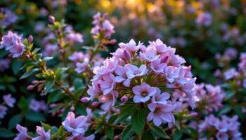 a flowering bush with pale purple petals at dawn photo