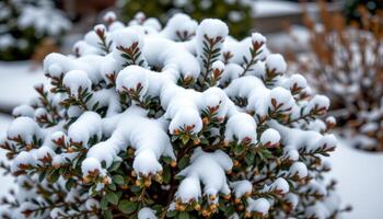 a shrub covered in snow on a cold winter day photo