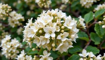 a flowering shrub with clusters of delicate cream flowers photo