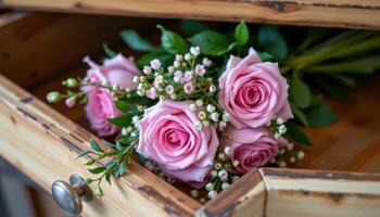 a bouquet resting inside a wooden drawers photo
