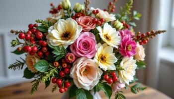 a bouquet of seasonal blooms with pine and berriess photo