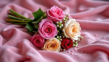a bouquet resting on a velvet fabrics photo