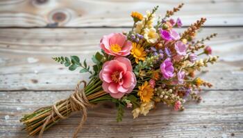 a dried flower bouquet tied with jute strings photo