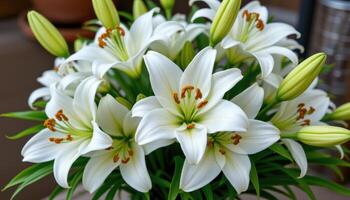 a bouquet of white lilies with green foliages photo