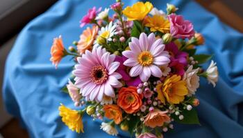 a bouquet of colorful mixed flowers on a blue cloths photo