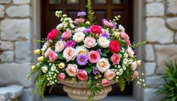 a bouquet arranged on a stone pedestals photo