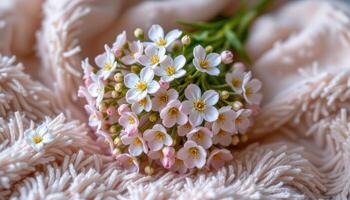a bouquet of small blossoms on a fluffy blankets photo